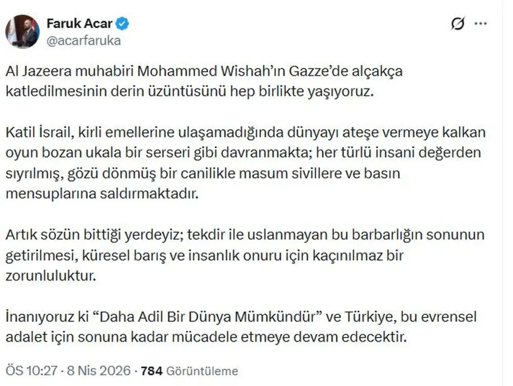 Acar: Katil İsrail insani değerlerden sapmıştır