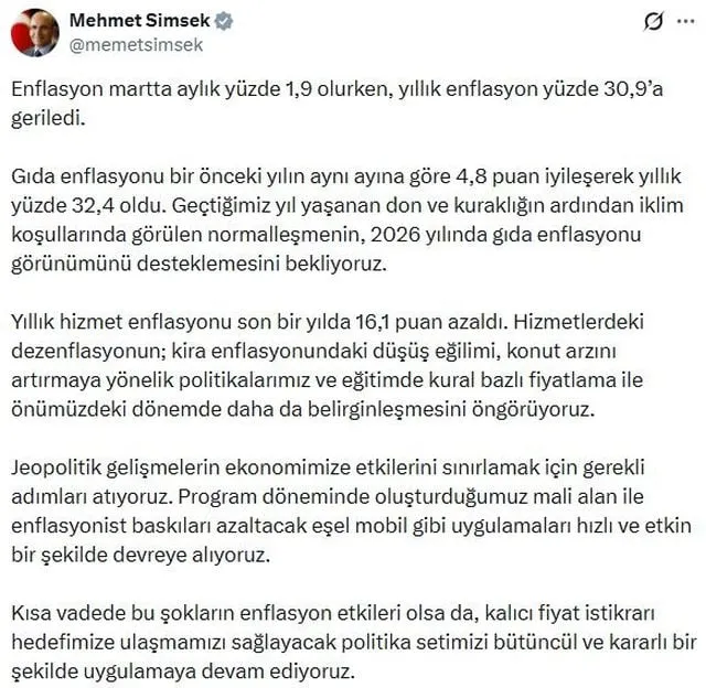 Bakan Şimşek: Enflasyonist baskıları azaltacak uygulamaları devreye alıyoruz