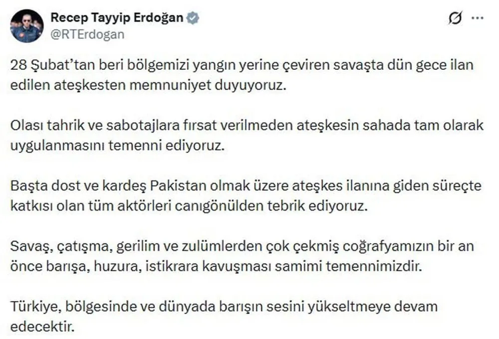 Cumhurbaşkanı Erdoğan: Ateşkesten memnuniyet duyuyoruz
