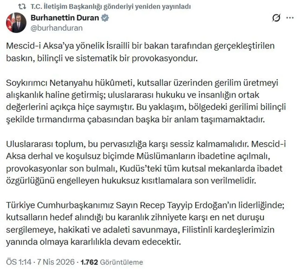 İletişim Başkanı Duran: Mescid-i Aksa