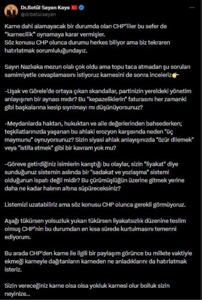 Kaya'dan CHP'ye Sert Eleştiriler - Son Dakika