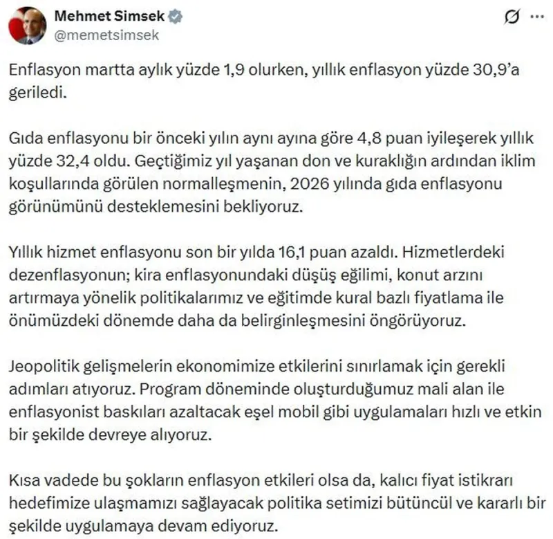 Bakan Şimşek: Enflasyonist baskıları azaltacak uygulamaları devreye alıyoruz