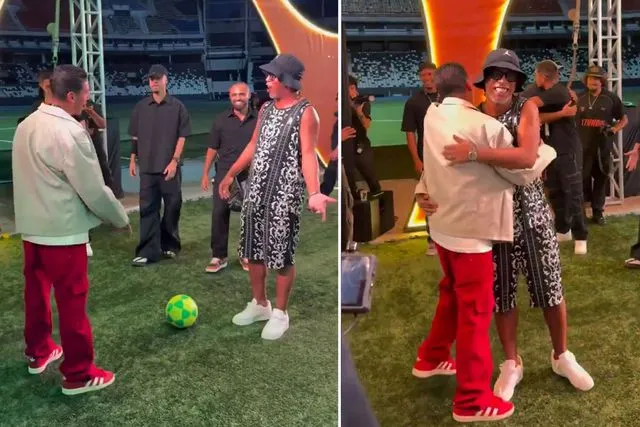 46 yaşındaki Ronaldinho, topla hünerlerini Brezilyalı fenomene karşı gösterdi