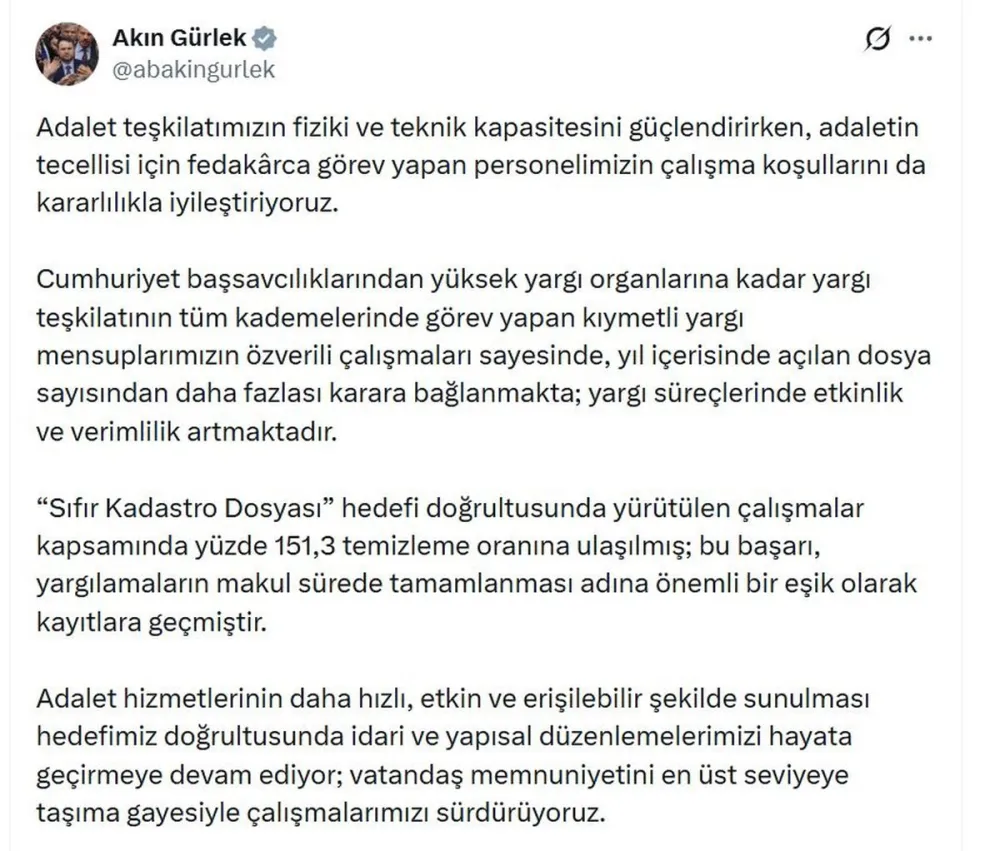 Adalet Bakanı Gürlek: Yargı süreçlerinde etkinlik ve verimlilik artıyor