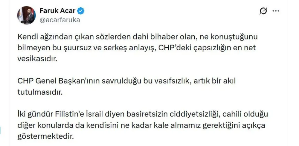 AK Parti'li Acar: CHP Genel Başkanının savrulduğu vasıfsızlık, akıl tutulmasıdır - Son Dakika
