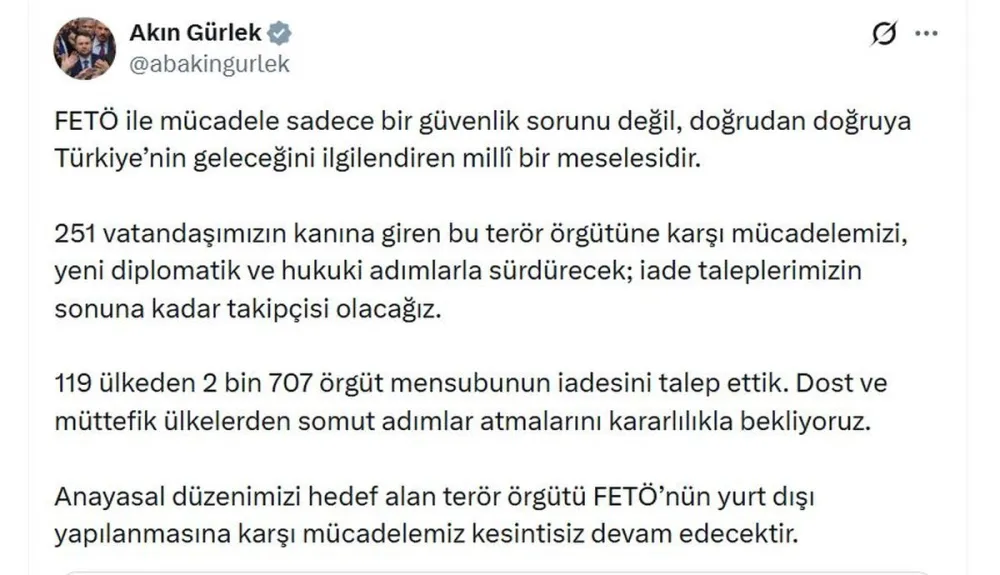 Bakan Gürlek: FETÖ için 2.707 iade talebi