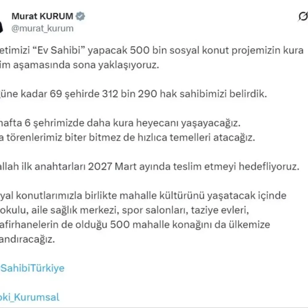 Bakan Kurum, 23 Şubat-1 Mart kura takvimini açıkladı