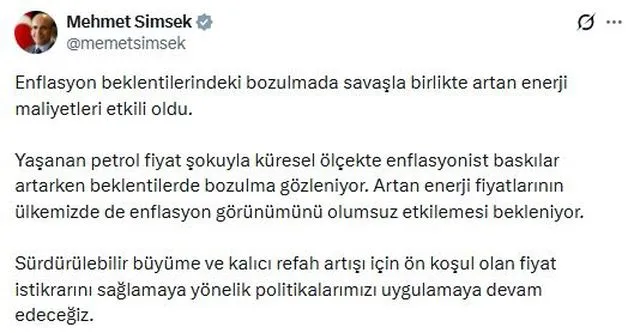 Bakan Şimşek: Fiyat istikrarını sağlamaya yönelik politikalarımıza devam edeceğiz
