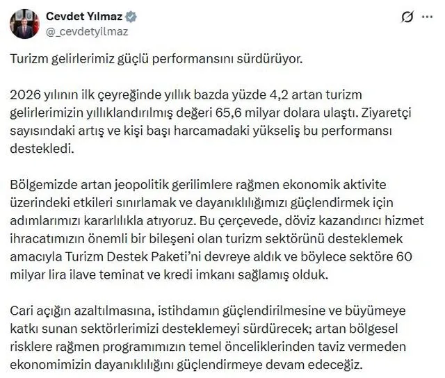 Cevdet Yılmaz: Turizm gelirlerimiz güçlü performansını sürdürüyor
