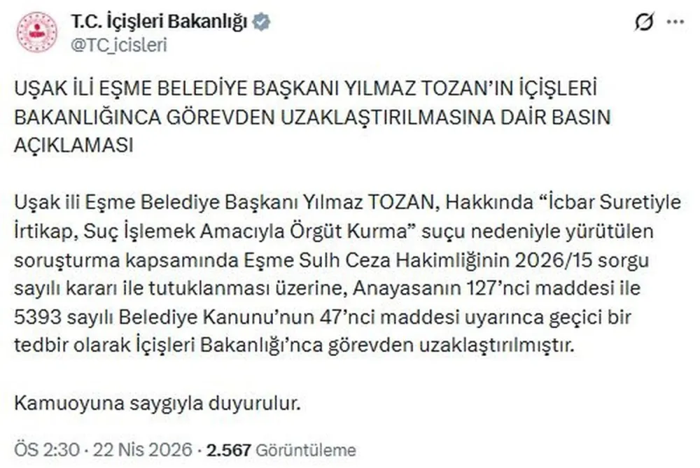 Eşme Belediye Başkanı Görevden Uzaklaştırıldı