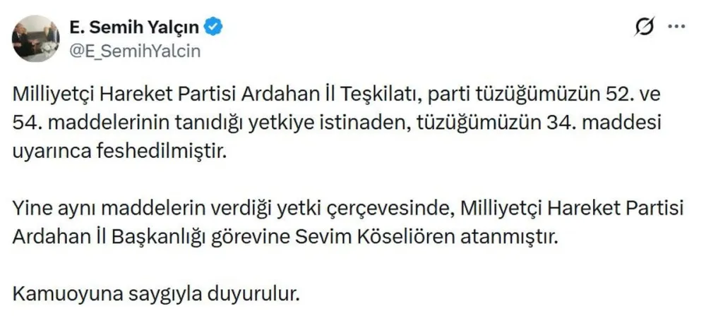 MHP Ardahan Teşkilatı Feshedildi