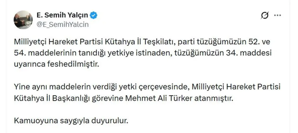 MHP Kütahya Teşkilatında Yapısal Yenilenme: İl Yönetimi Feshedilerek Yeni Atama Gerçekleştirildi