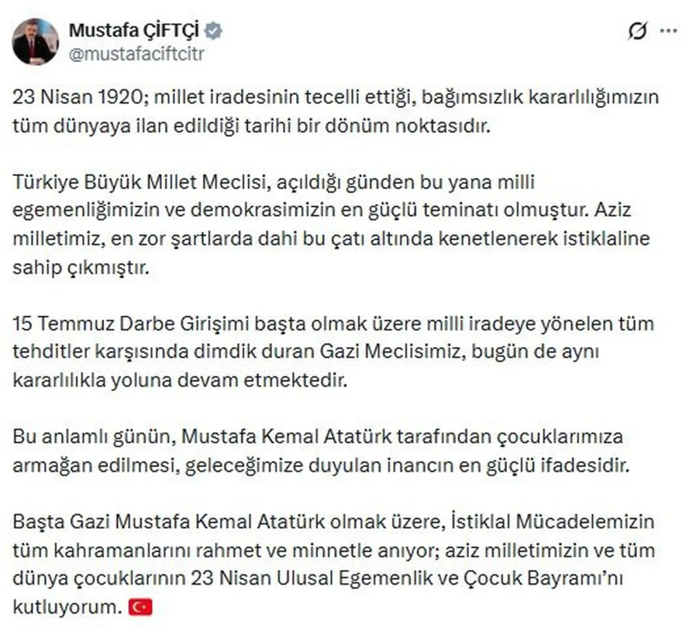 Milli İradenin Sarsılmaz Kalesi: Bakan Çiftçi’den 23 Nisan Vurgusu