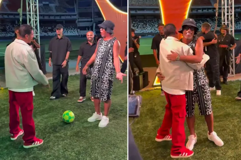 46 yaşındaki Ronaldinho, topla hünerlerini Brezilyalı fenomene karşı gösterdi