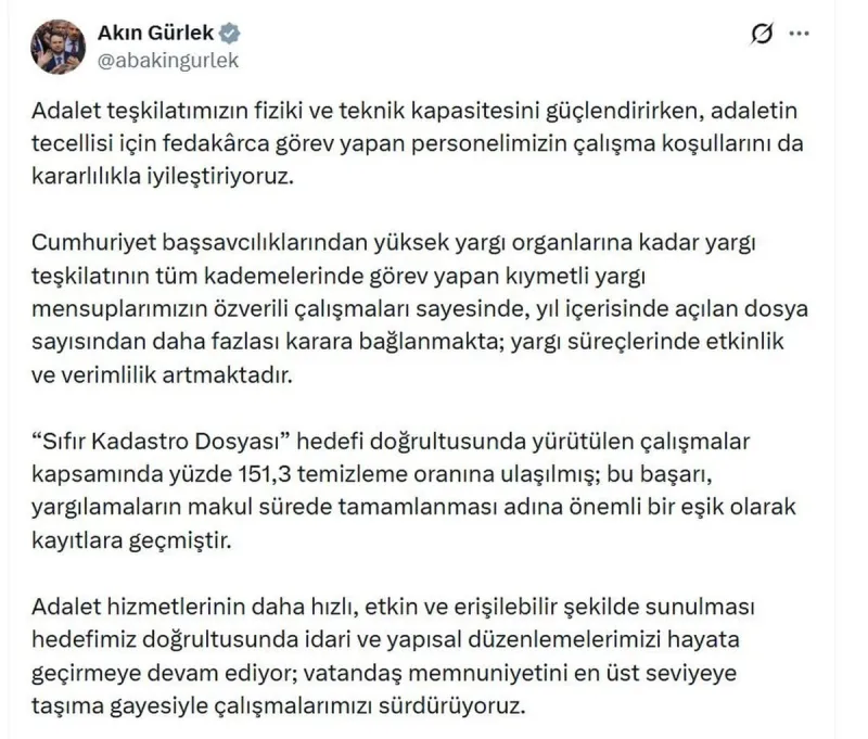 Adalet Bakanı Gürlek: Yargı süreçlerinde etkinlik ve verimlilik artıyor