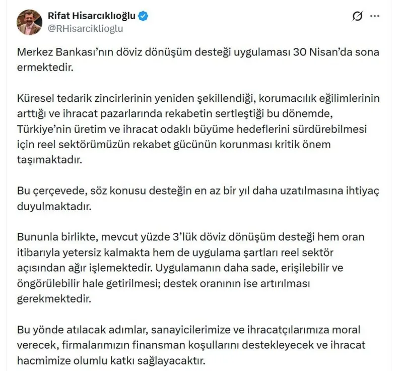 İş Dünyasından Kritik Çağrı: Hisarcıklıoğlu Döviz Dönüşüm Desteğinin Uzatılmasını İstedi