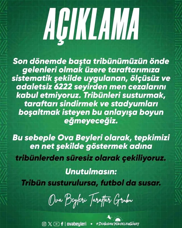Ova Beyleri tribünlerden süresiz çekildiğini açıkladı